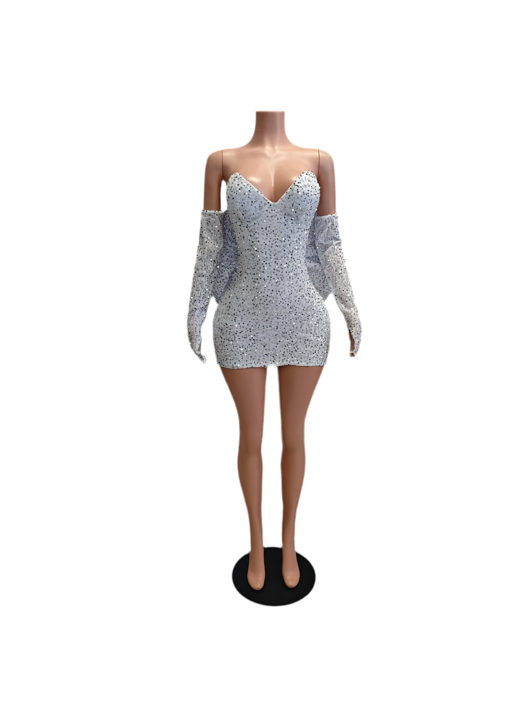 White Pearl Luxe Mini Dress – Rhinestone Birthday & Party Dress with Train
