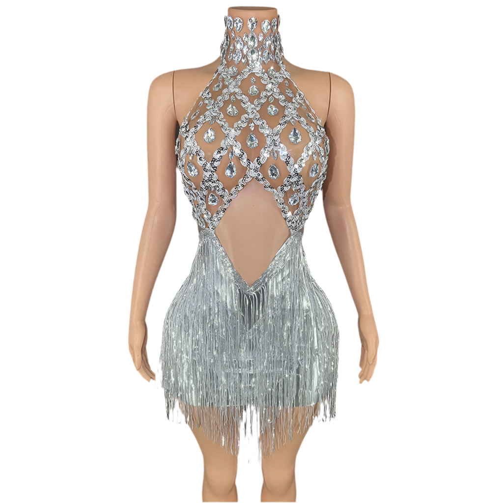 Glamour Gemstone Fringe Mini Dress – Rhinestone Birthday & Party Outfit