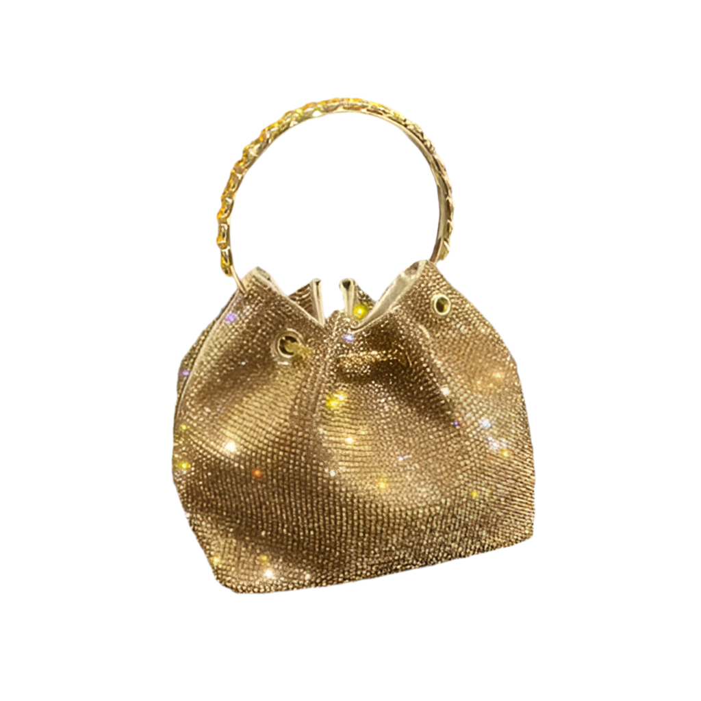Golden Glow Crystal Bucket Bag – Luxe Sparkle Gold Rhinestone Purse