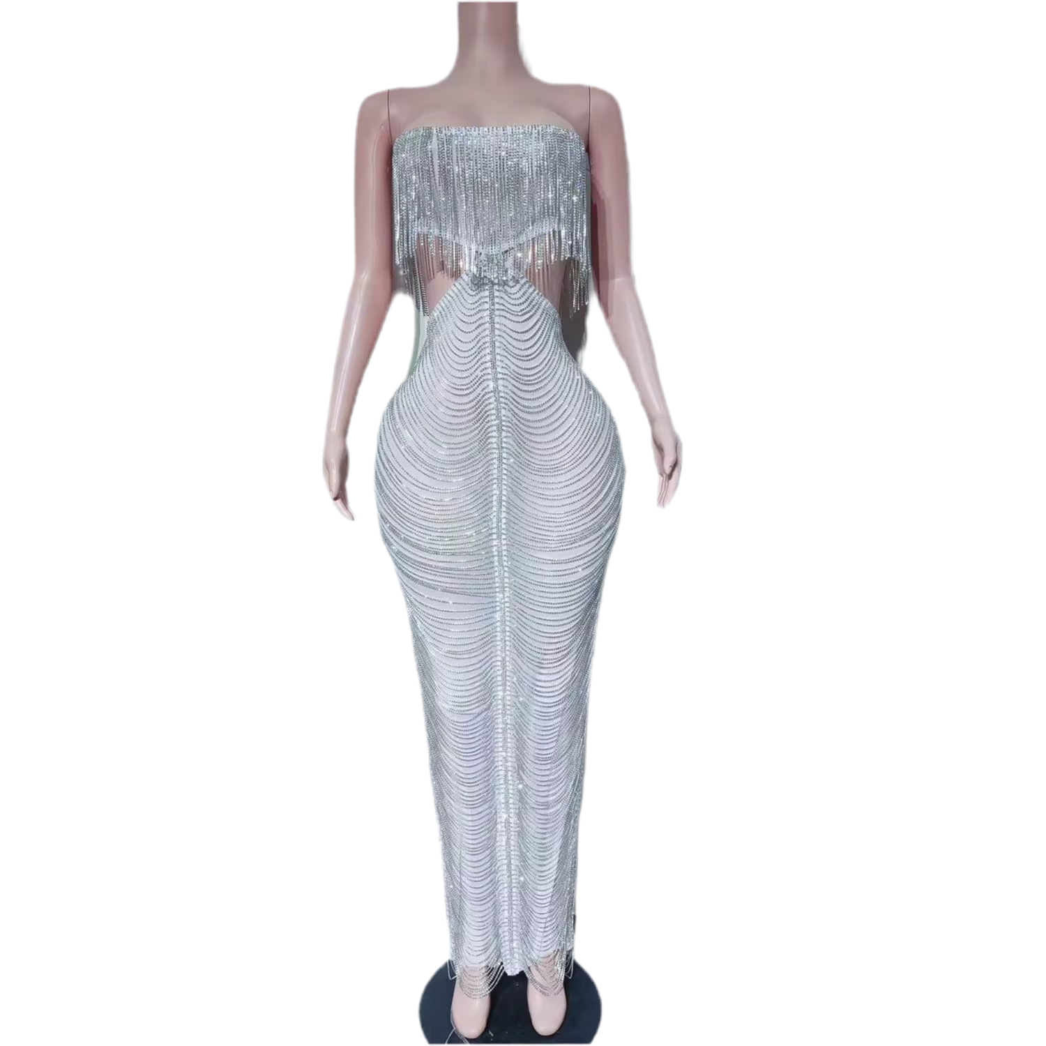 Crystal Wave Fringe Gown – Strapless Rhinestone Evening Dress with Slit