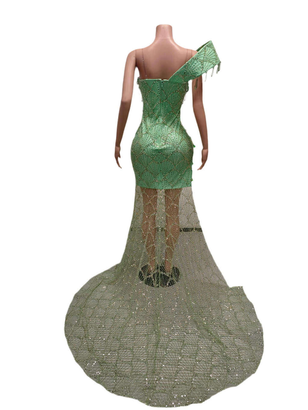 Emerald Goddess Crystal Gown – Green Sequin Sheer Mermaid Dress