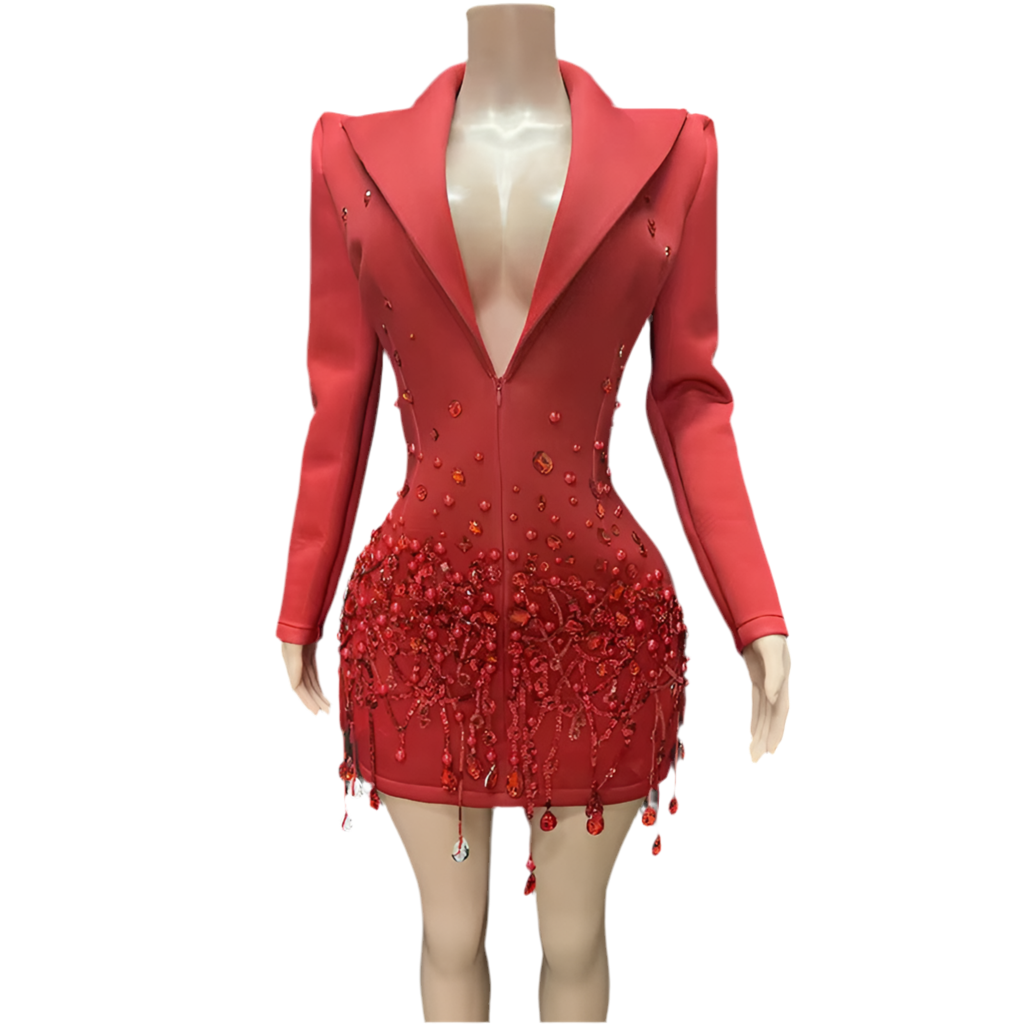 Crystal Drip Blazer Mini Dress – Rhinestone Fringe Tuxedo Dress