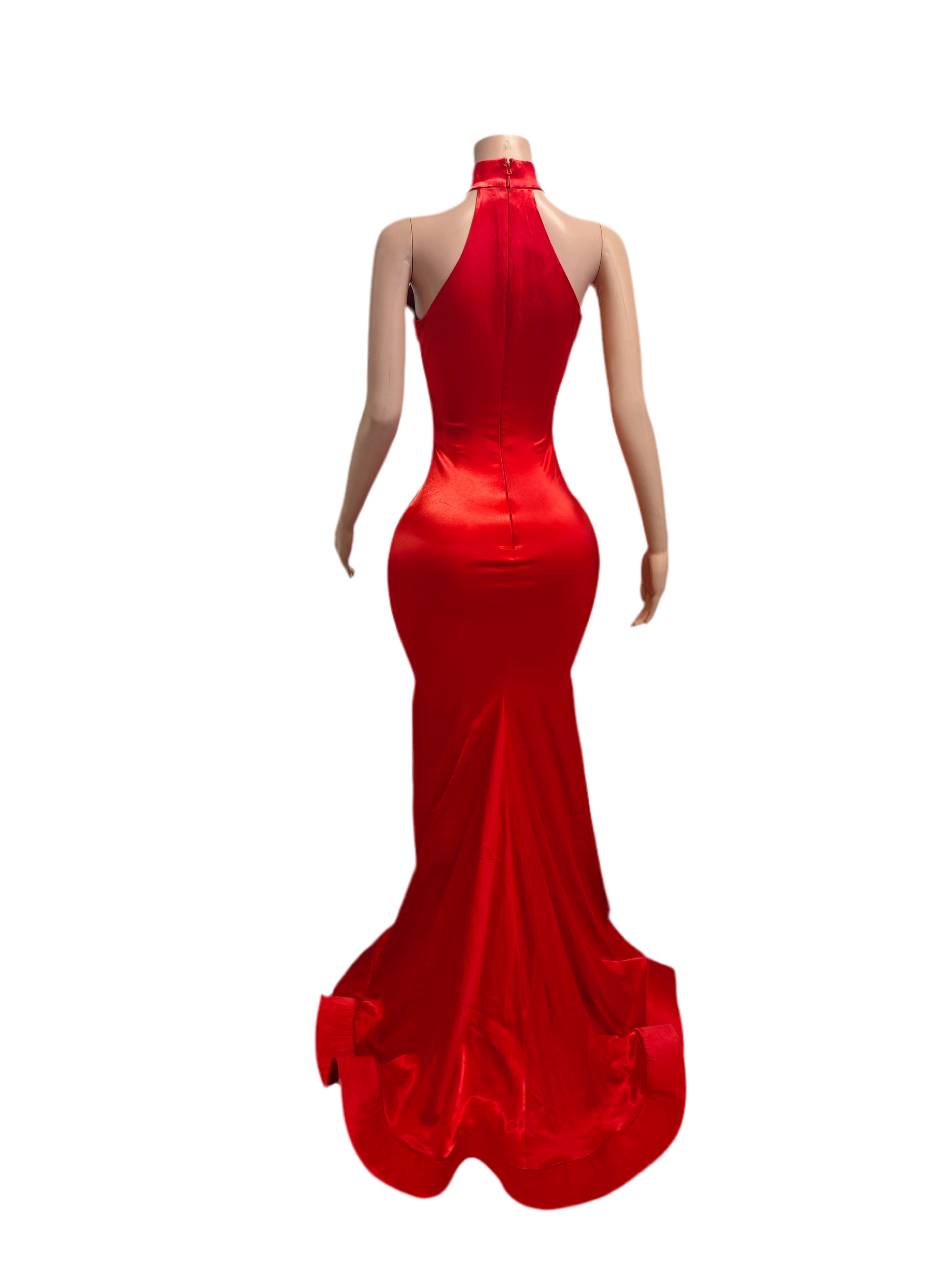 Red Rhinestone Illusion Gown – Custom Crystal Embellished Evening Dress