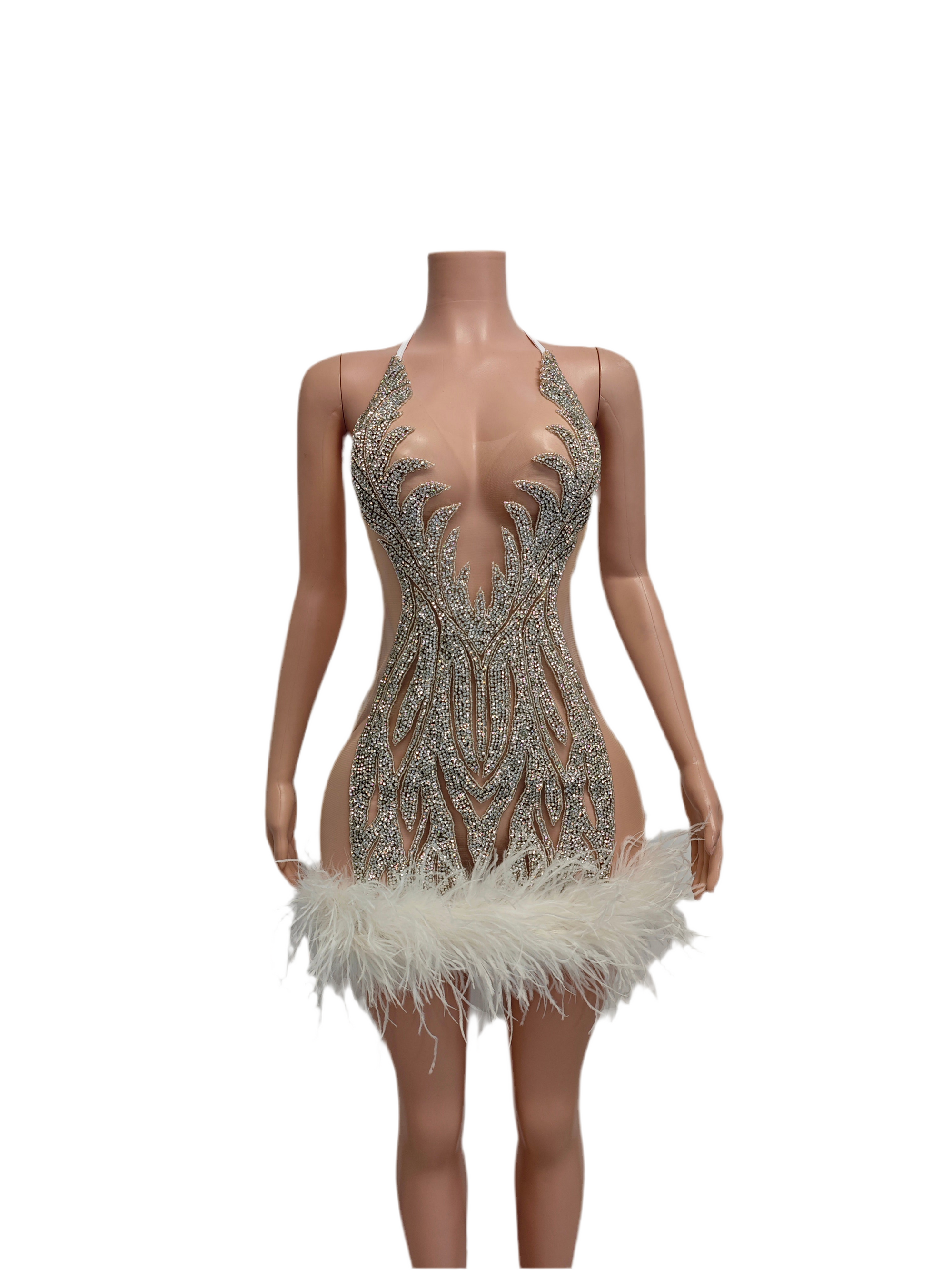 Diamond Dazzle Feather Mini – Silver Rhinestone Birthday & Party Dress