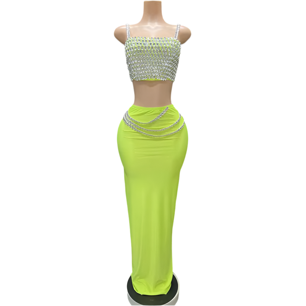 Diamond Chain Reaction Skirt Set – Crystal Crop & Maxi Skirt Outfit