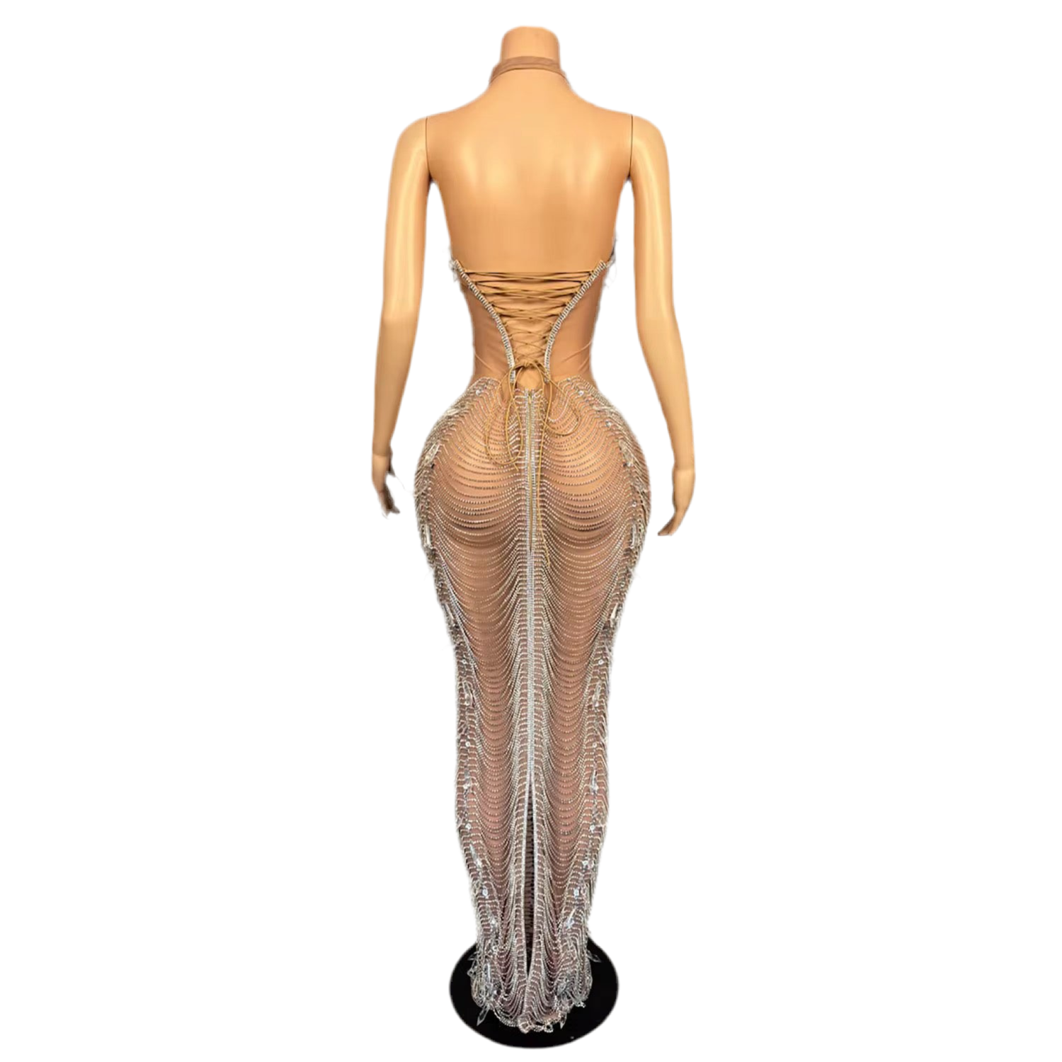 Crystal Temptation Gown – Sheer Mesh Backless Silver Crystal Dress