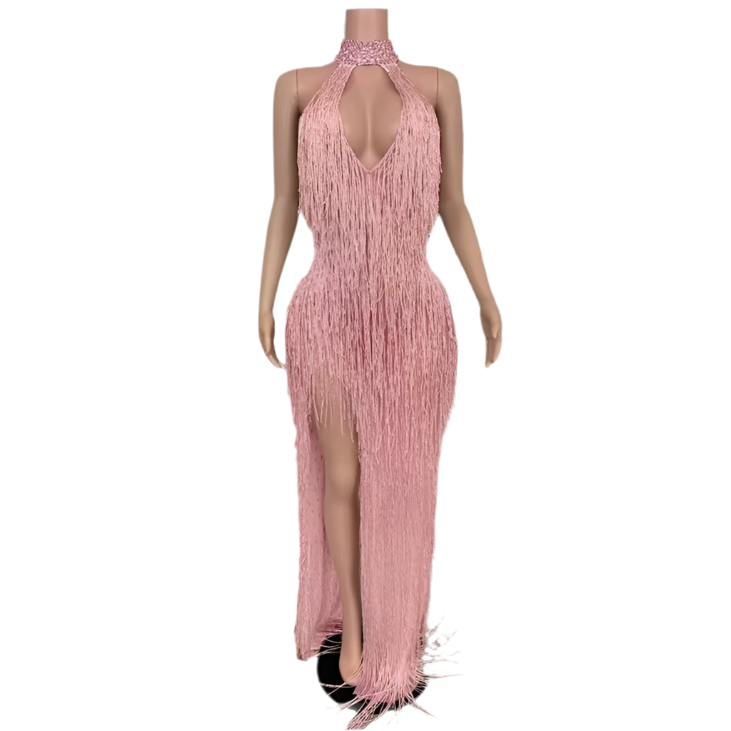 Frosted Fantasy Fringe Gown – Sparkle Crystal Halter Evening Dress