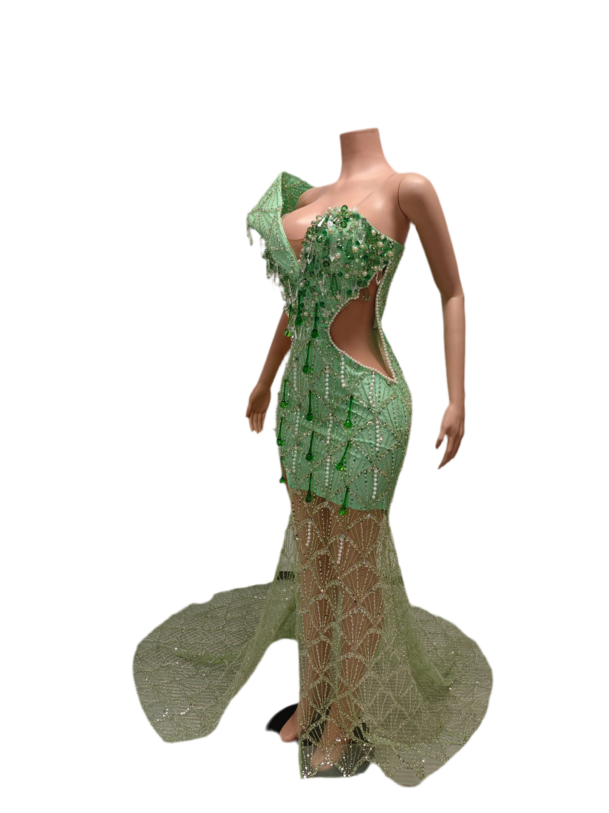 Emerald Goddess Crystal Gown – Green Sequin Sheer Mermaid Dress