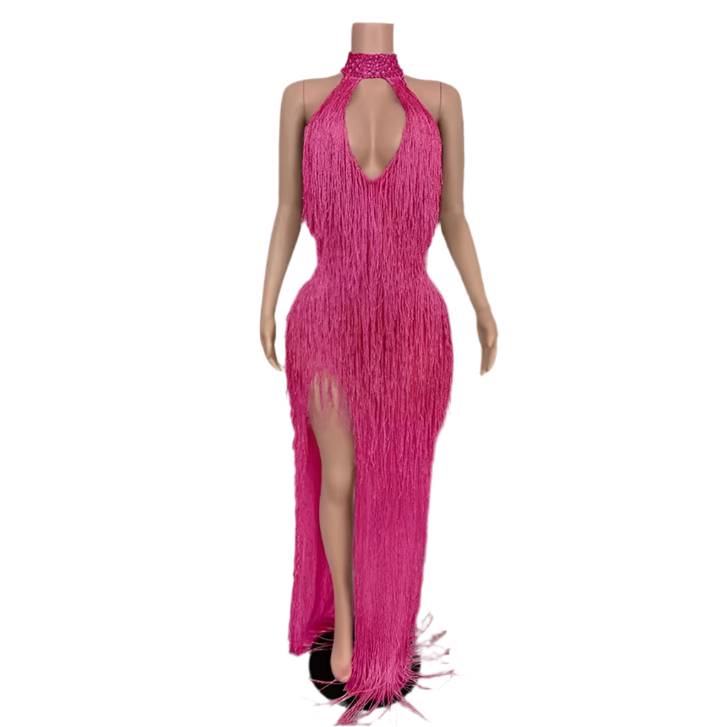 Frosted Fantasy Fringe Gown – Sparkle Crystal Halter Evening Dress