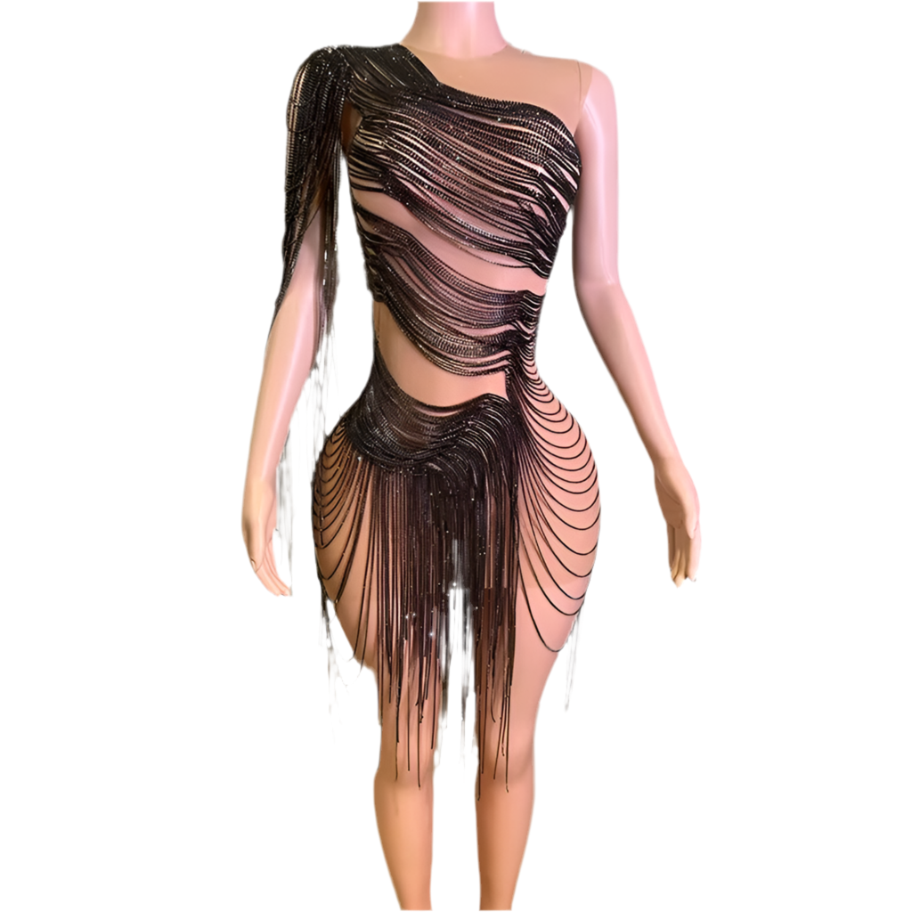 Midnight Seduction Fringe Dress – Black Crystal One-Shoulder Party Dress