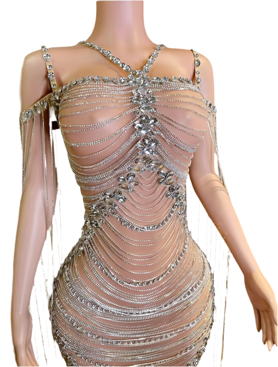 Diamond Drip Gown – Nude Illusion Crystal Rhinestone Dress