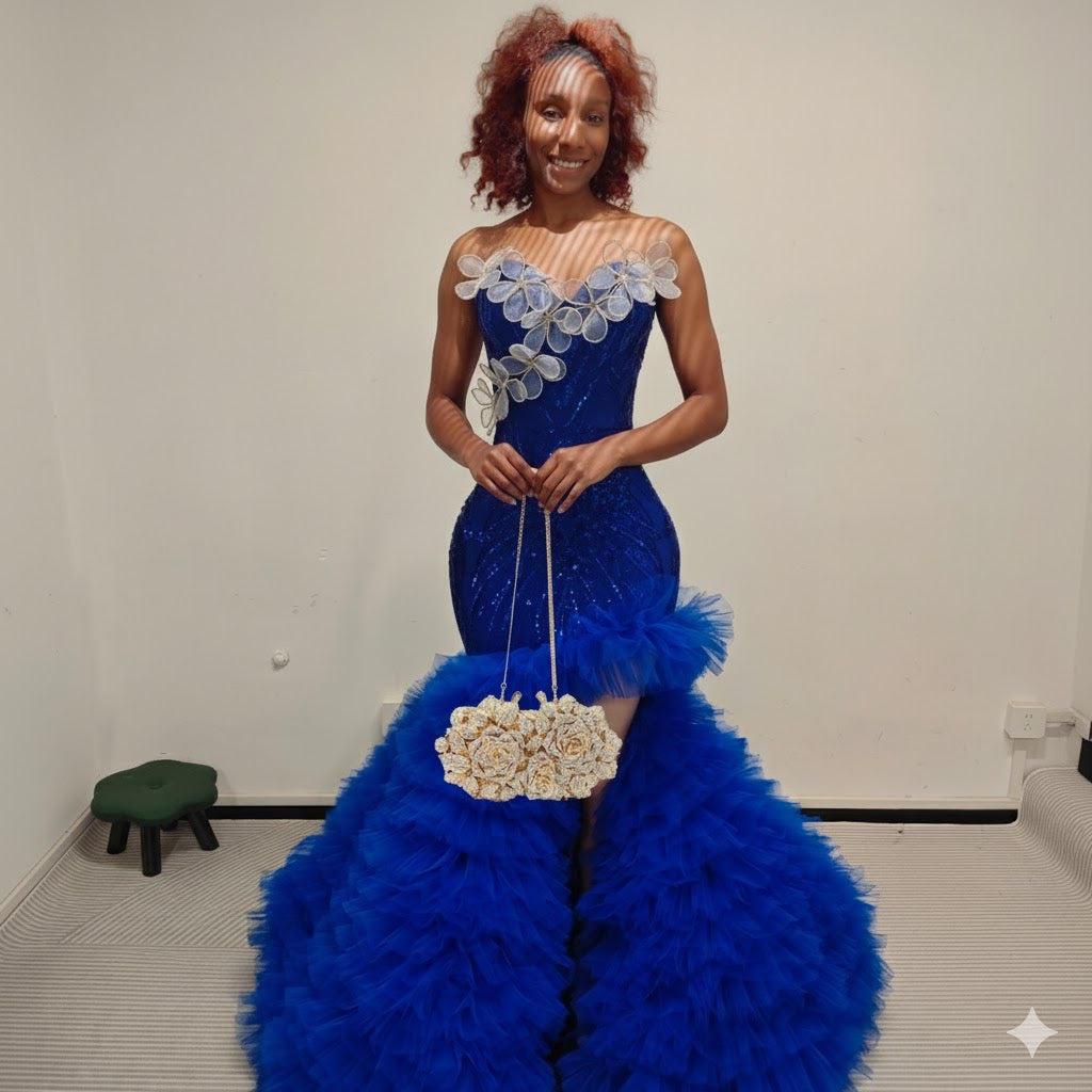 Royal Blue Crystal Feather Gown – Luxury Mermaid Evening Dress
