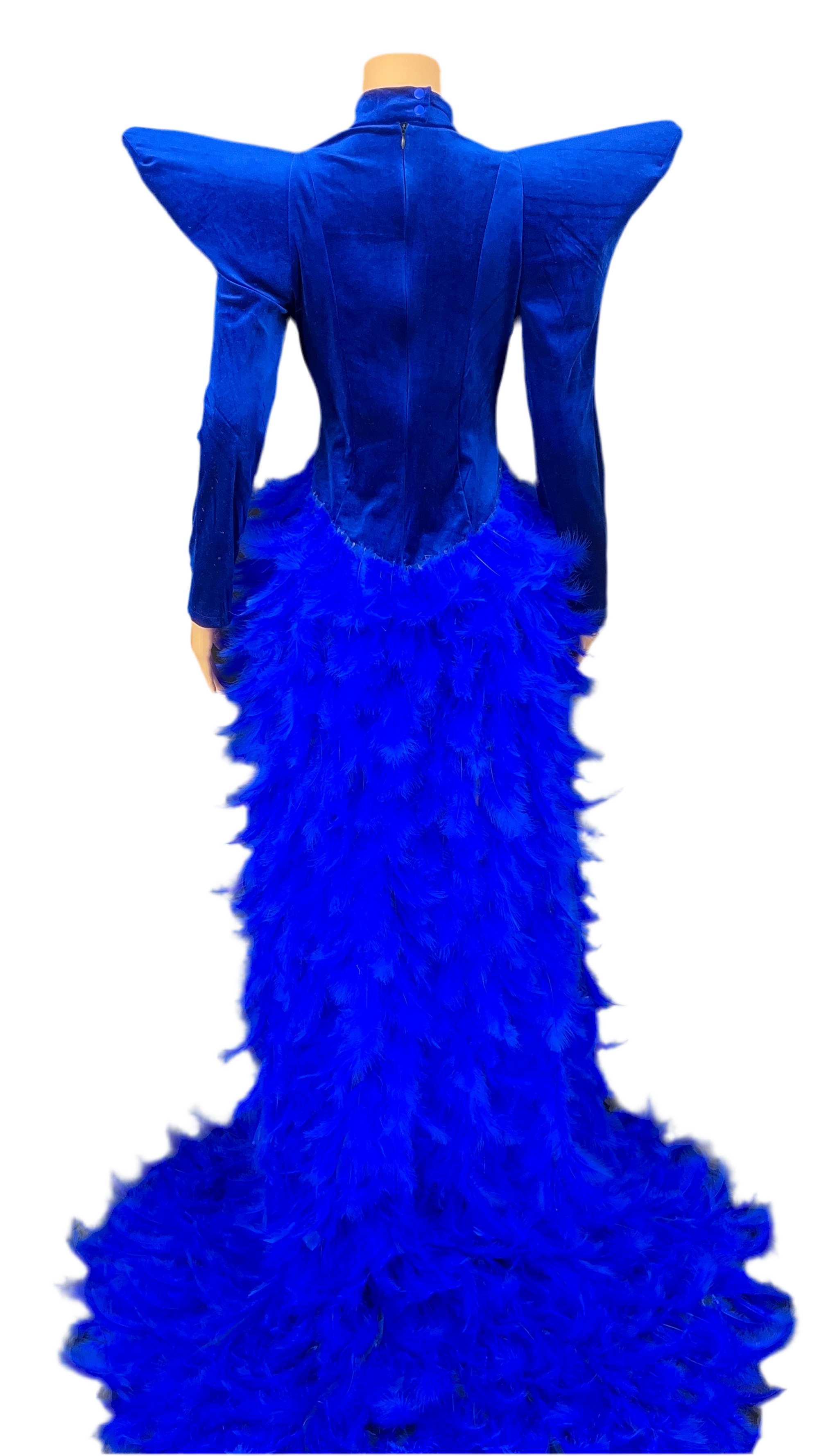 Custom Made-Electric Blue Crush Royal Velvet & Feather Couture Gown