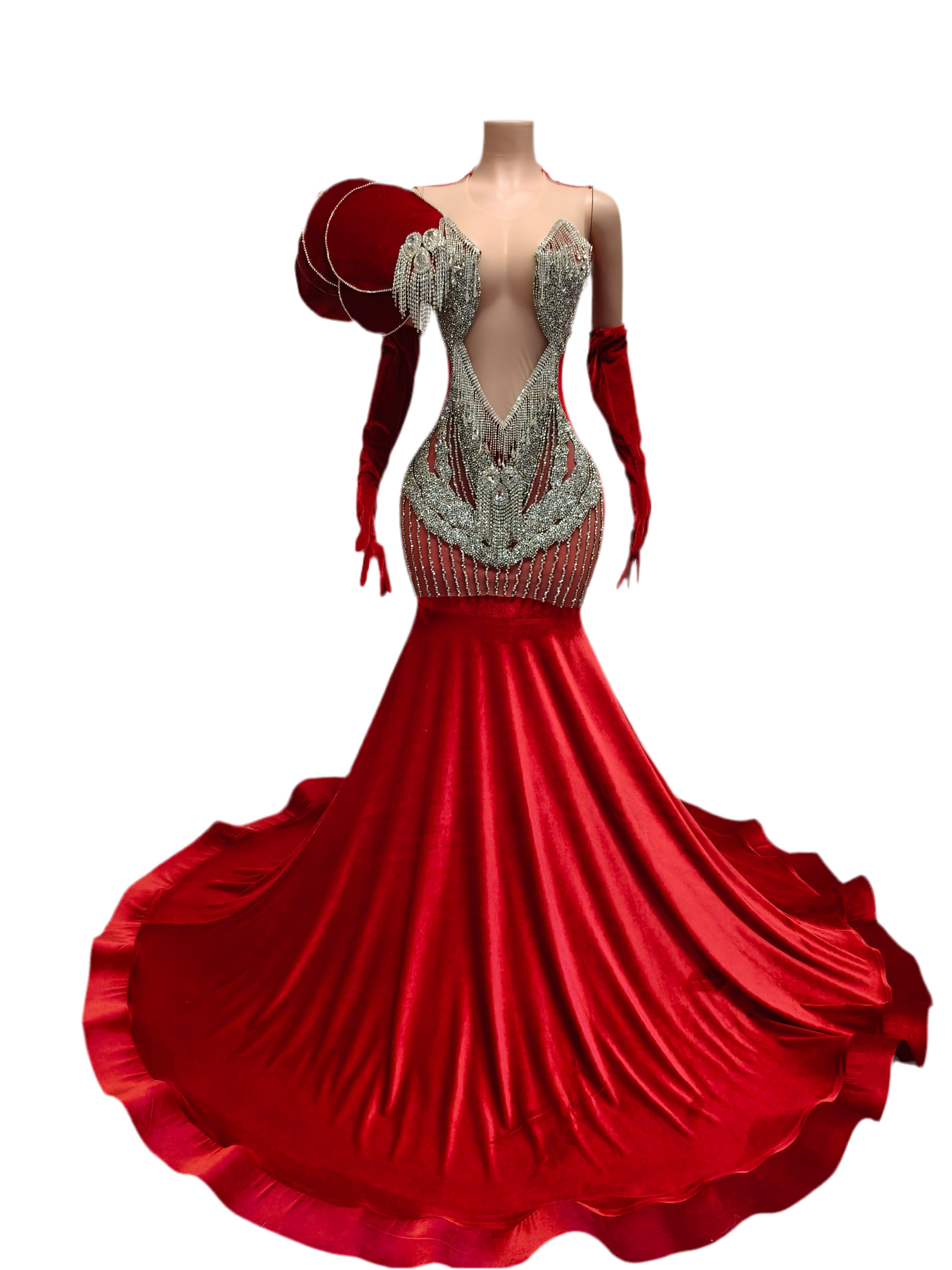 Red Rhinestone Glam Gown – Crystal Embellished Evening & Gala Dress