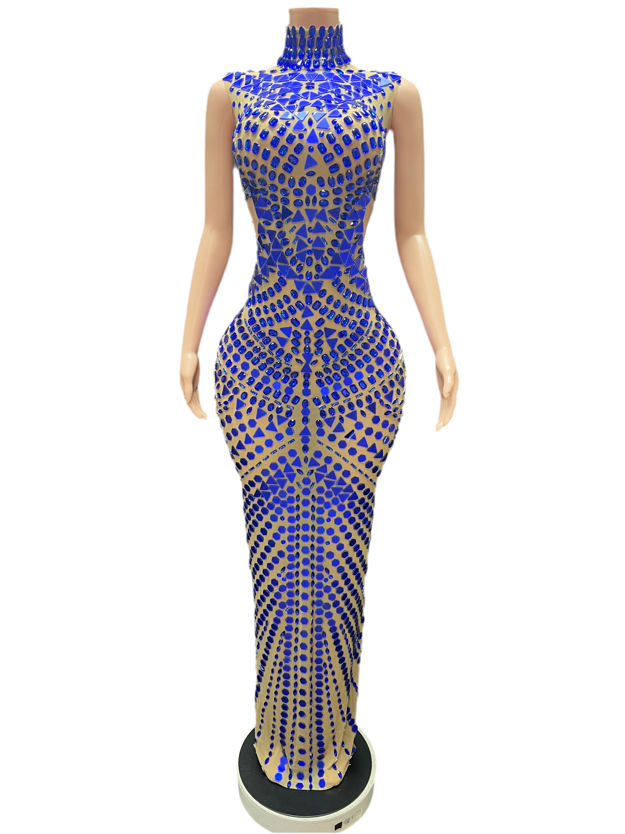 Blueberry Glaze Crystal Gown – Blue Rhinestone Illusion Dress