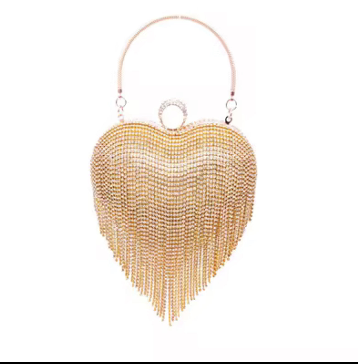Golden Desire Heart Clutch – Crystal Fringe Gold Evening Bag