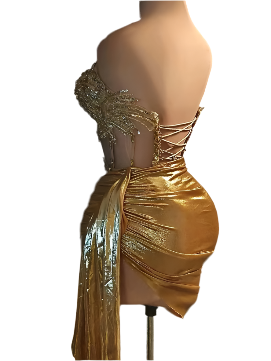 Golden Mirage Sequin Corset Dress – Strapless Metallic Party Dress