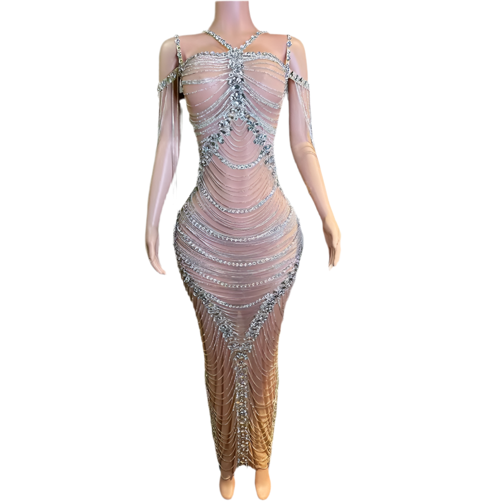 Diamond Drip Gown – Nude Illusion Crystal Rhinestone Dress