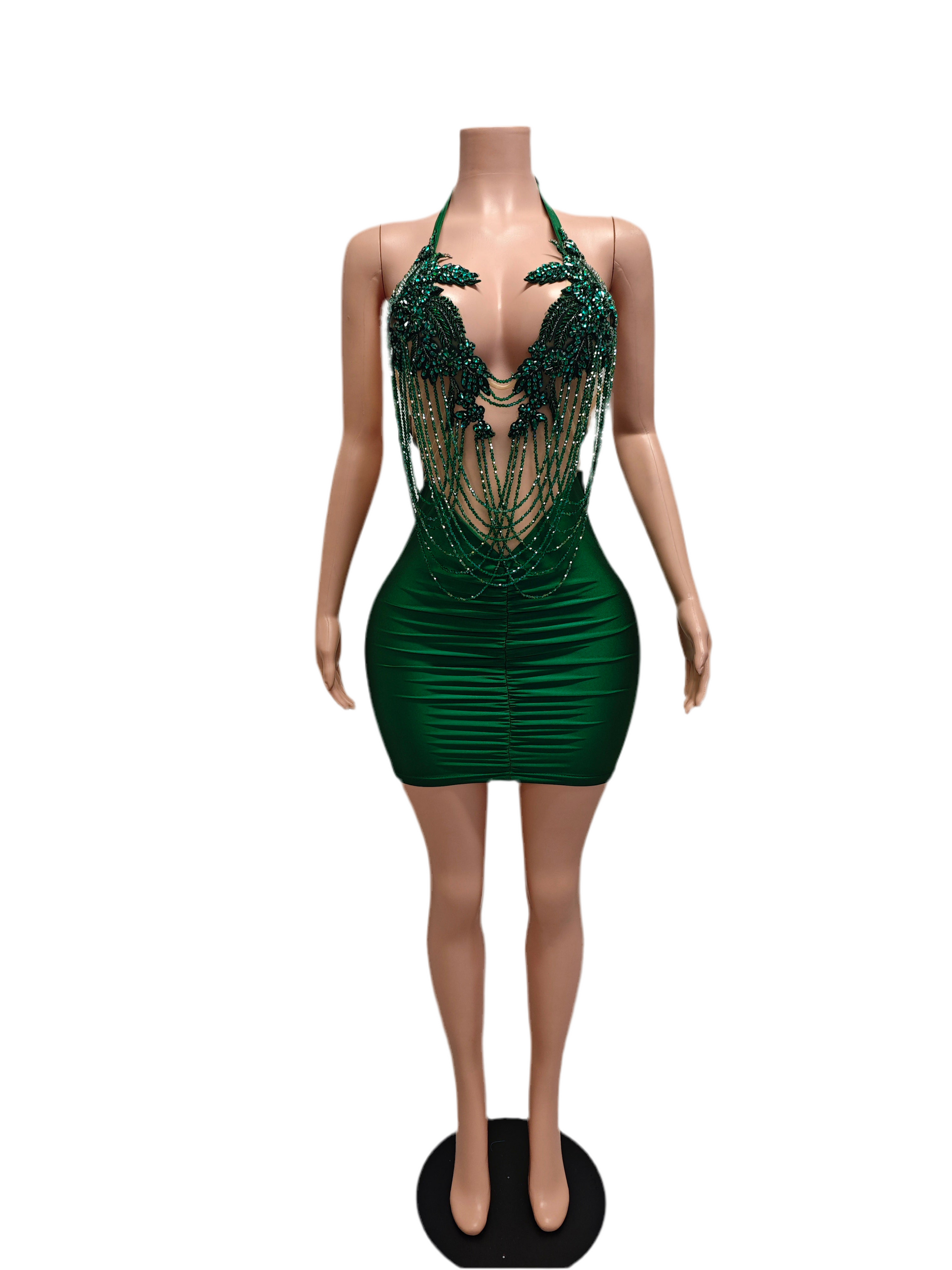 Emerald Envy Ruched Mini Dress – Crystal Halter Party Outfit