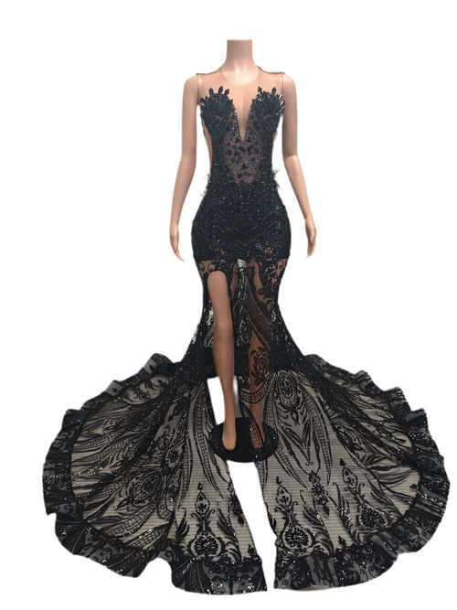 Black Sheer Crystal Mermaid Gown – Luxury High Slit Evening Dress