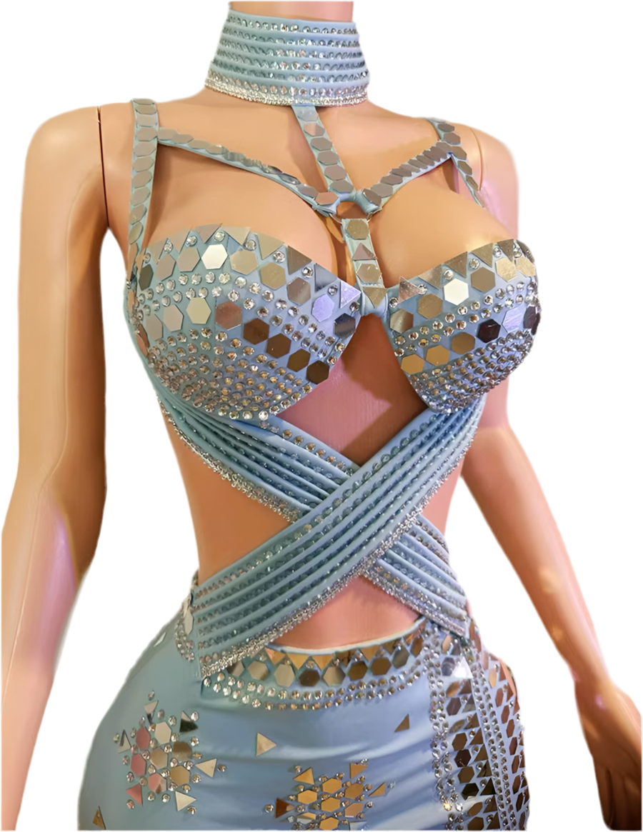 Ice Reflection Mirror Mini – Icy Blue Crystal Cut-Out Party Dress