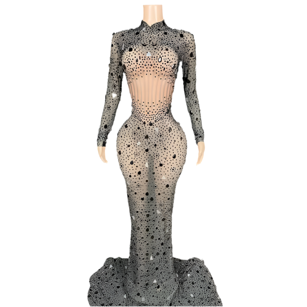 Midnight Mirage Gown – Black Sheer Rhinestone Evening Dress