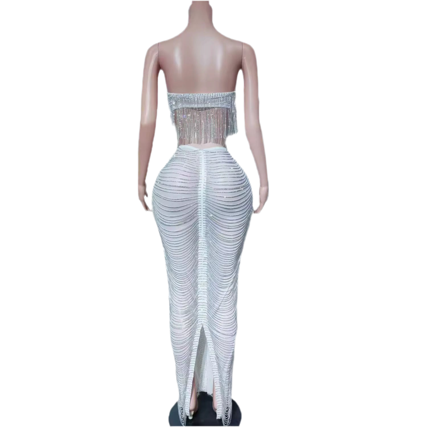 Crystal Wave Fringe Gown – Strapless Rhinestone Evening Dress with Slit