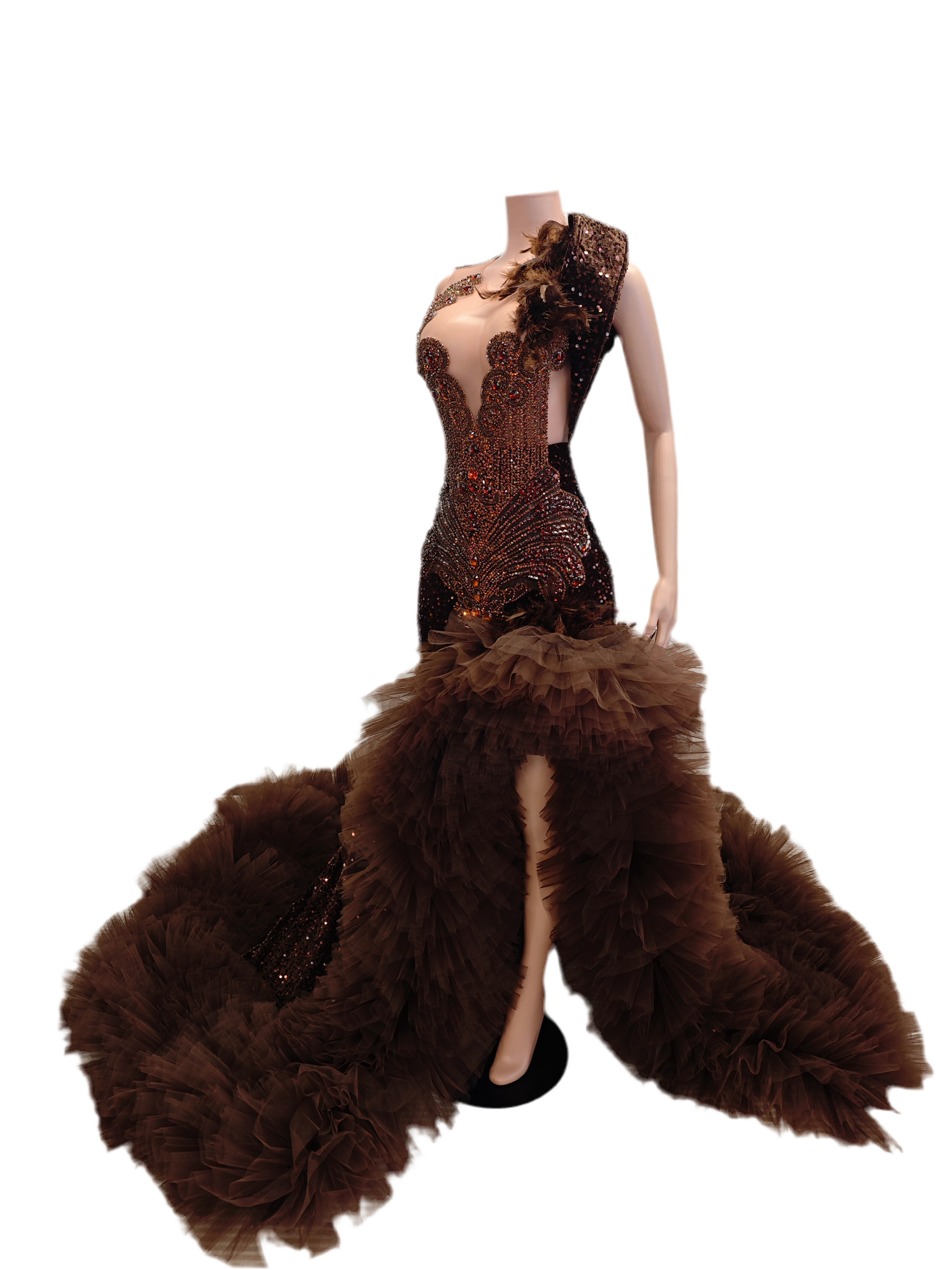 Enchanted Brown Feather Gown – Lace Rhinestone Couture Evening Dress