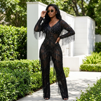 Midnight Fringe Illusion Jumpsuit – Black Sequin Party Outfit