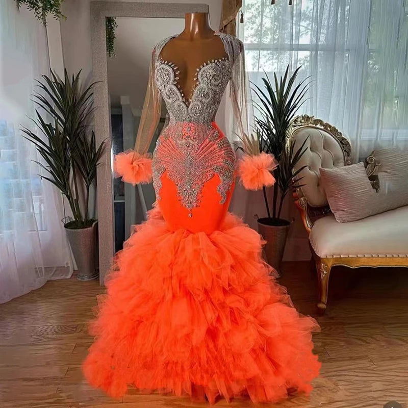Tangerine Crystal Luxe Gown – Orange Rhinestone Prom & Gala Dress