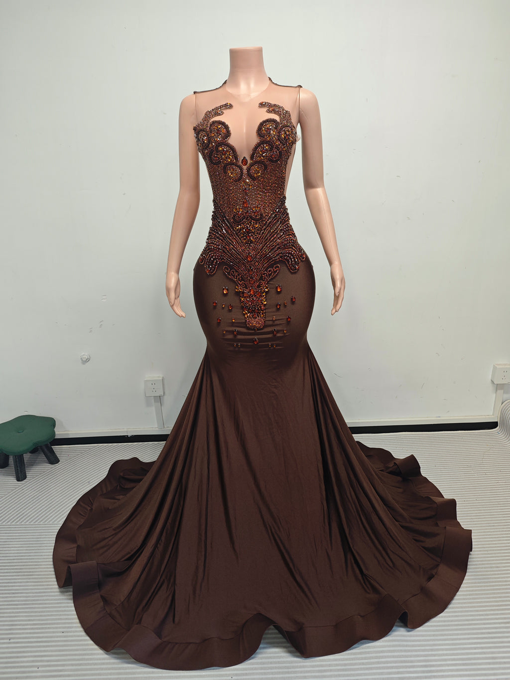 Chocolate Elegance Crystal Gown – Brown Beaded Mermaid Evening Dress