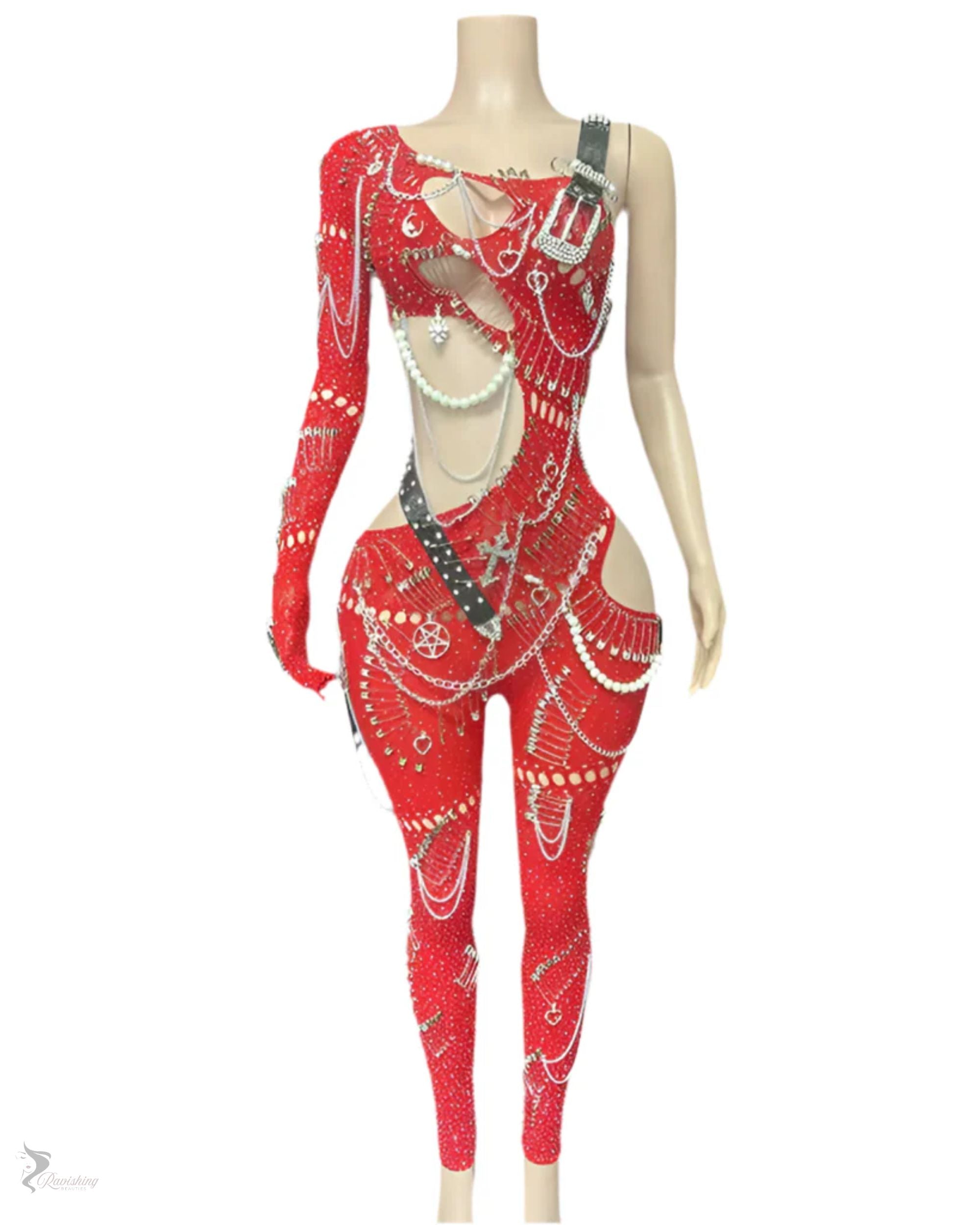 Red Crystal One-Sleeve Cutout Jumpsuit – Luxury Birthday Outfit