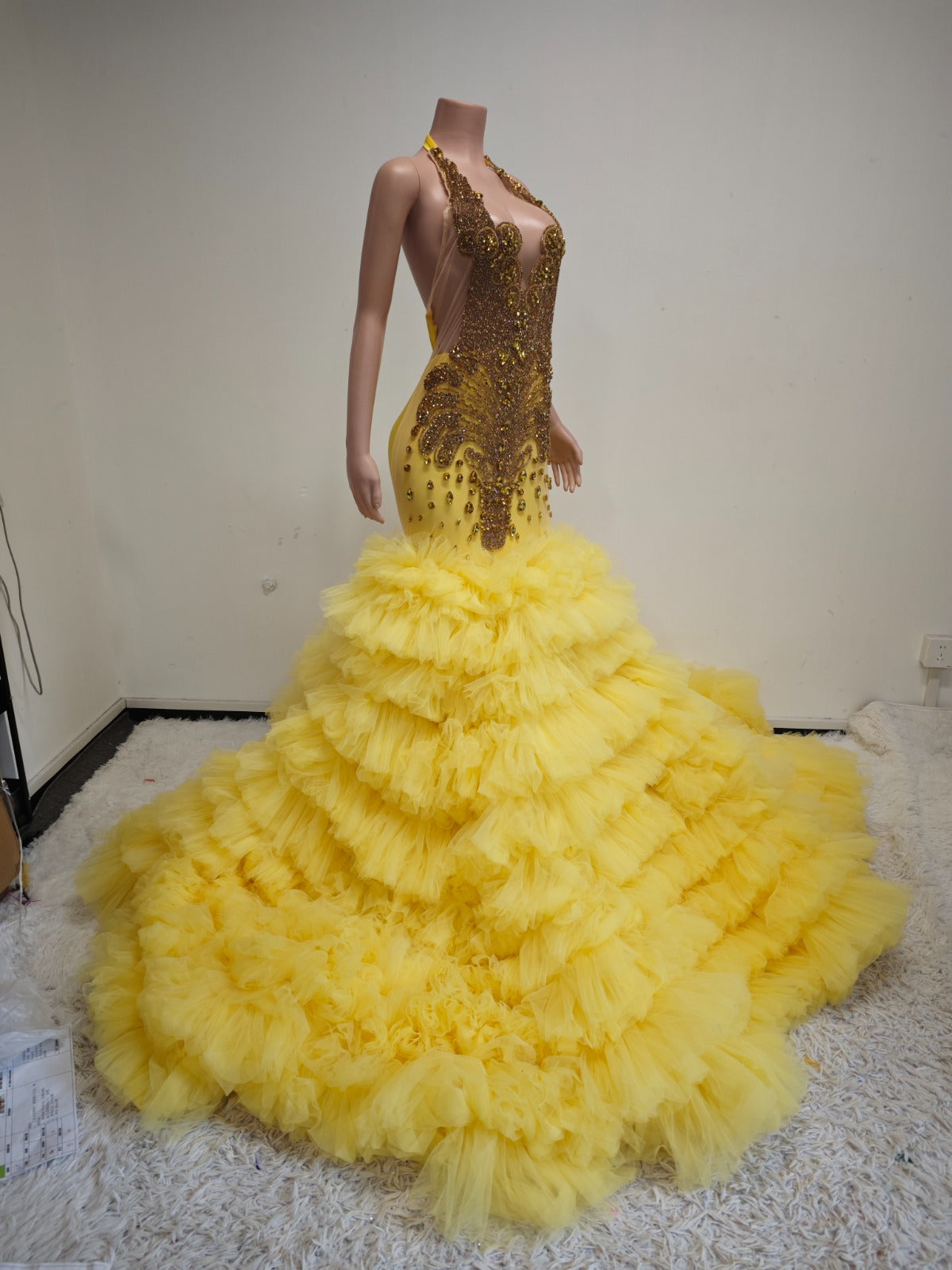 Yellow Ruffle Mermaid Gown – Crystal Halter Luxury Evening Dress