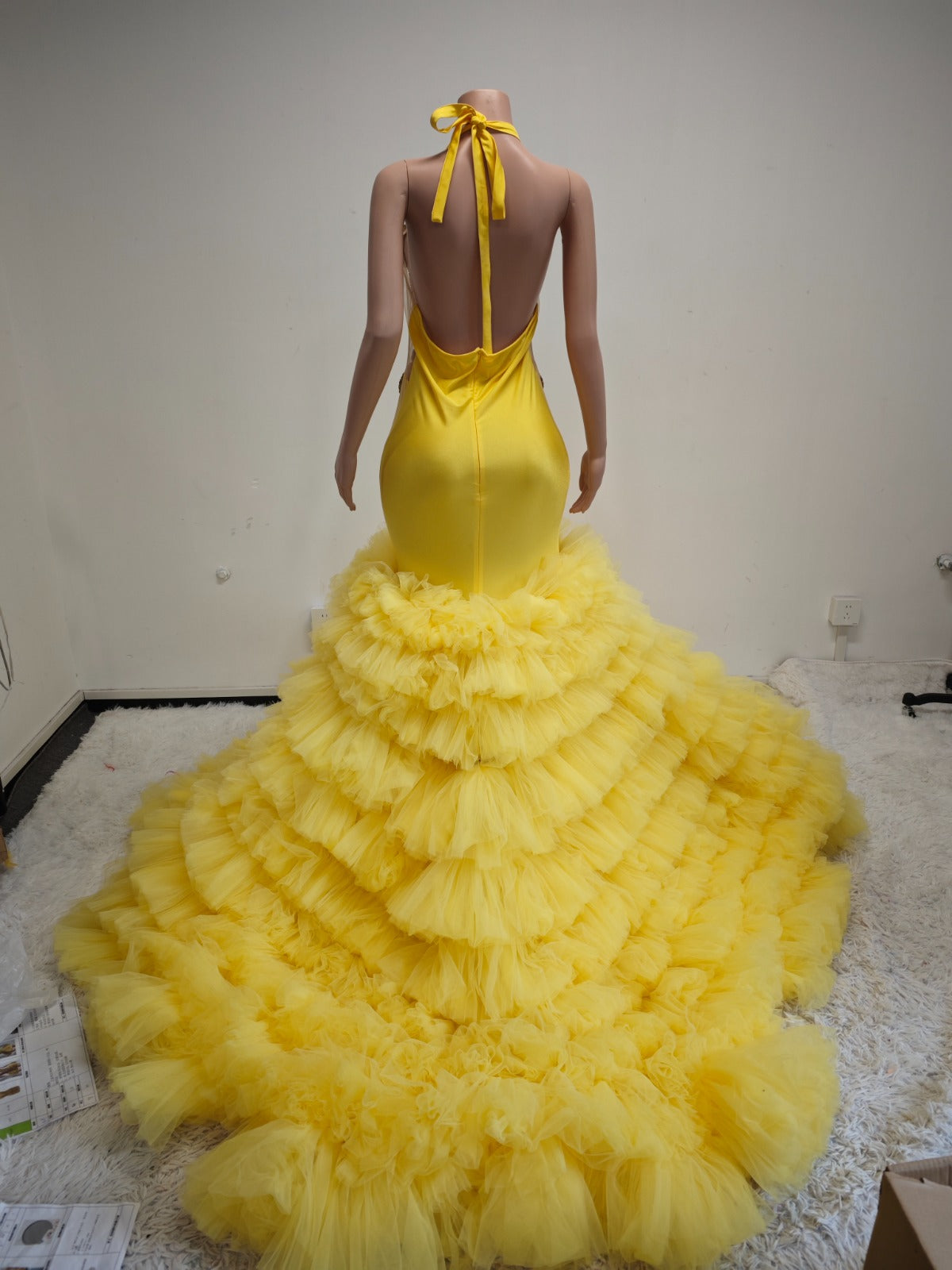 Yellow Ruffle Mermaid Gown – Crystal Halter Luxury Evening Dress