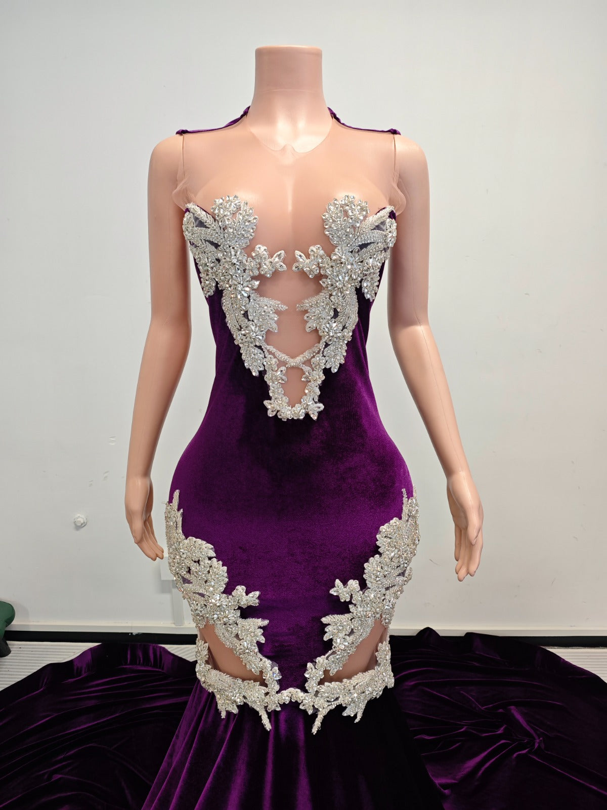 Purple Velvet Crystal Mermaid Gown – Luxury Cutout Evening Dress