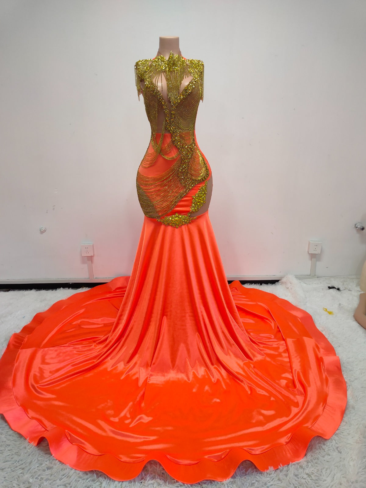 Neon Orange Gold Chain Mermaid Gown – Luxury Crystal Evening Dress