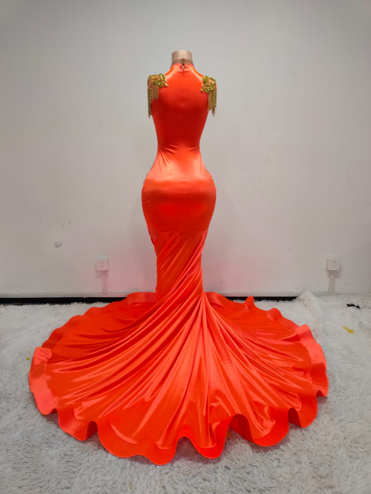 Neon Orange Gold Chain Mermaid Gown – Luxury Crystal Evening Dress