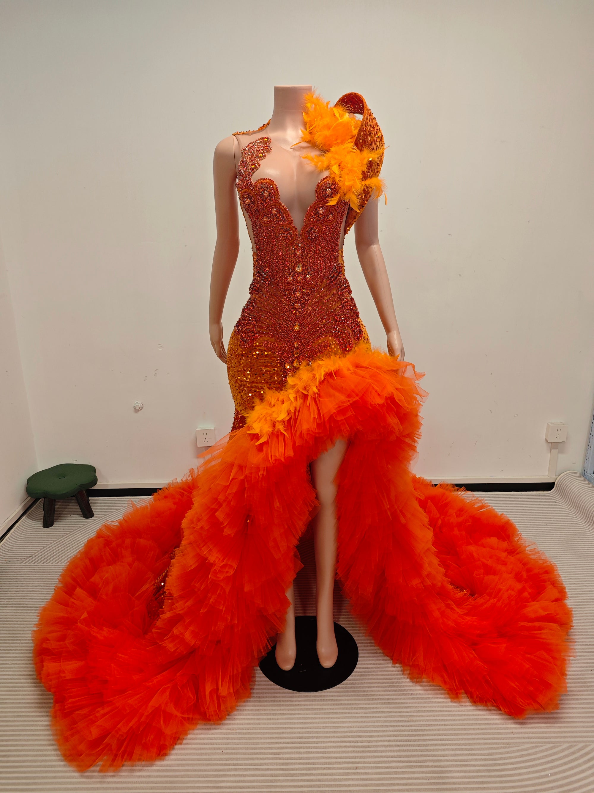 Orange Blaze Feathered Gown – Crystal Embellished Evening Dress with Dramatic Train