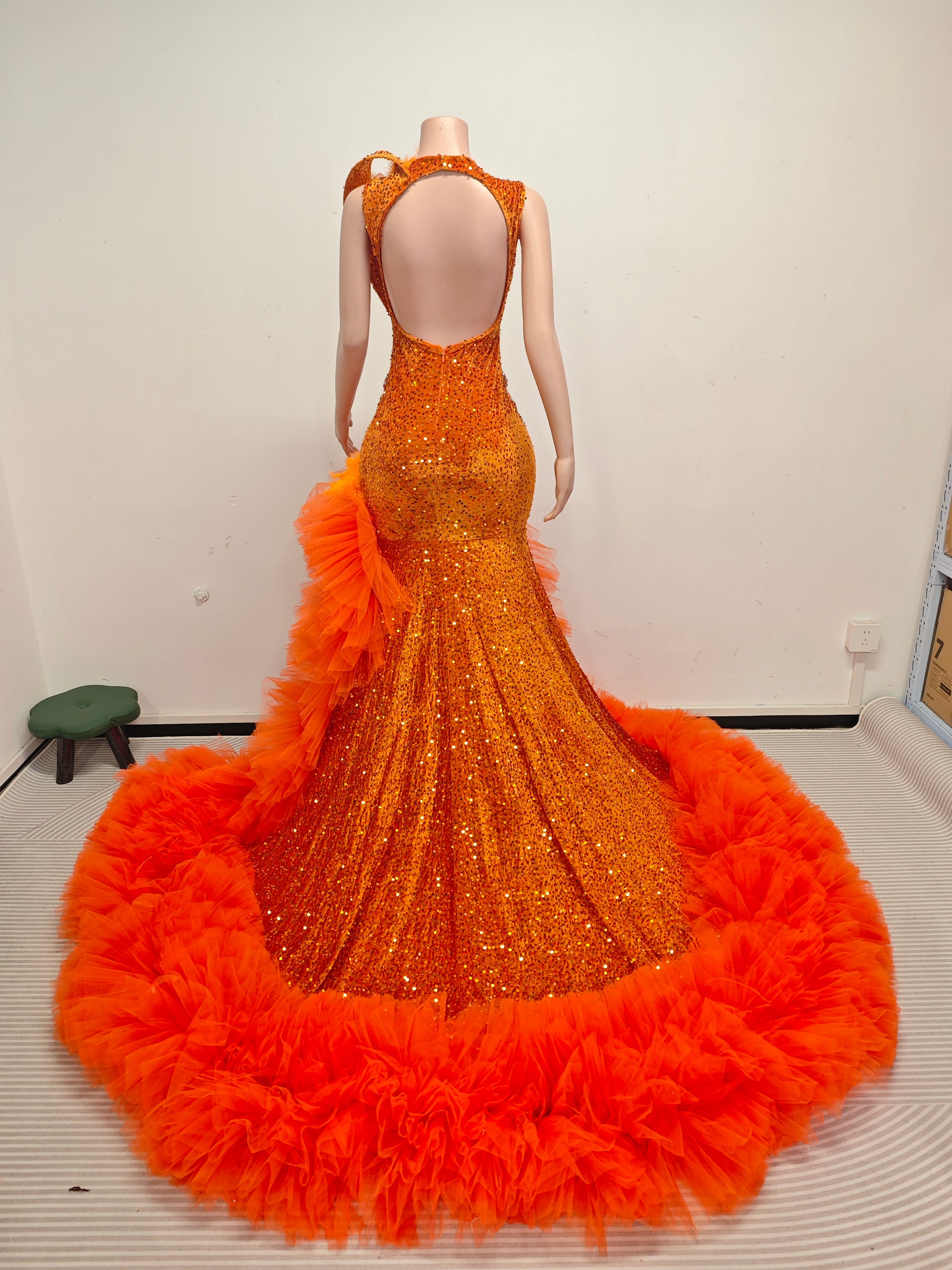 Orange Blaze Feathered Gown – Crystal Embellished Evening Dress with Dramatic Train