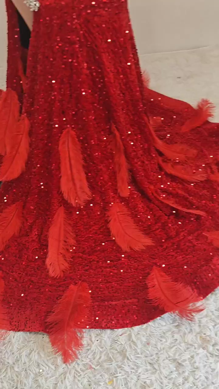 Crimson Flame Feather Illusion Gown – Luxury Sequin Mermaid Dress